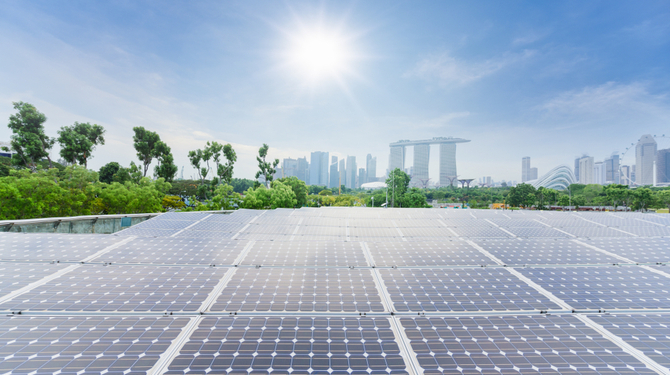 Solar panels energy field at singapore public park with blue sky, New alternative energy from natural, Singapore