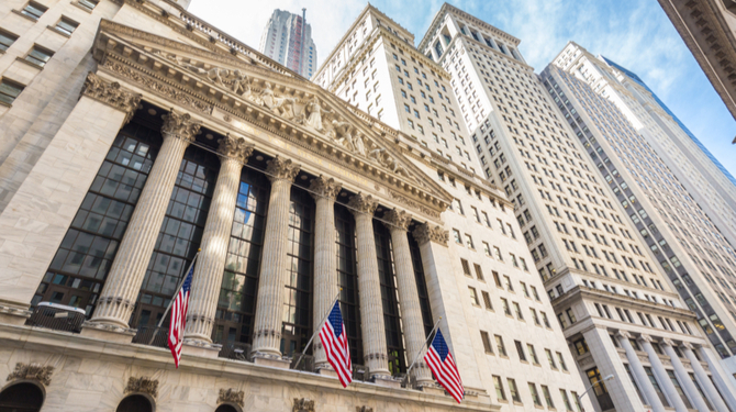 Exterior of New york Stock Exchange, largest stock exchange in world by market capitalization and most powerful global financial institute. Wall street, lower Manhattan, New York City, USA.