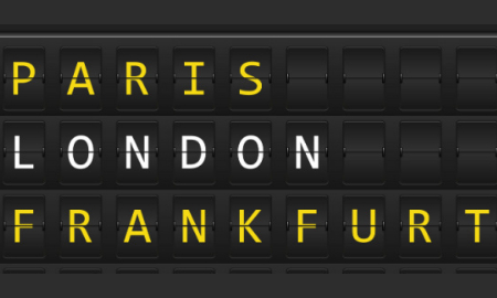Airplane departures destination table board to major cities in Europe