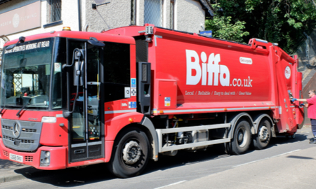 Chorleywood, Hertfordshire, England, UK - September 8th 2021: Biffa Mercedes-Benz Econic Waste Collection truck